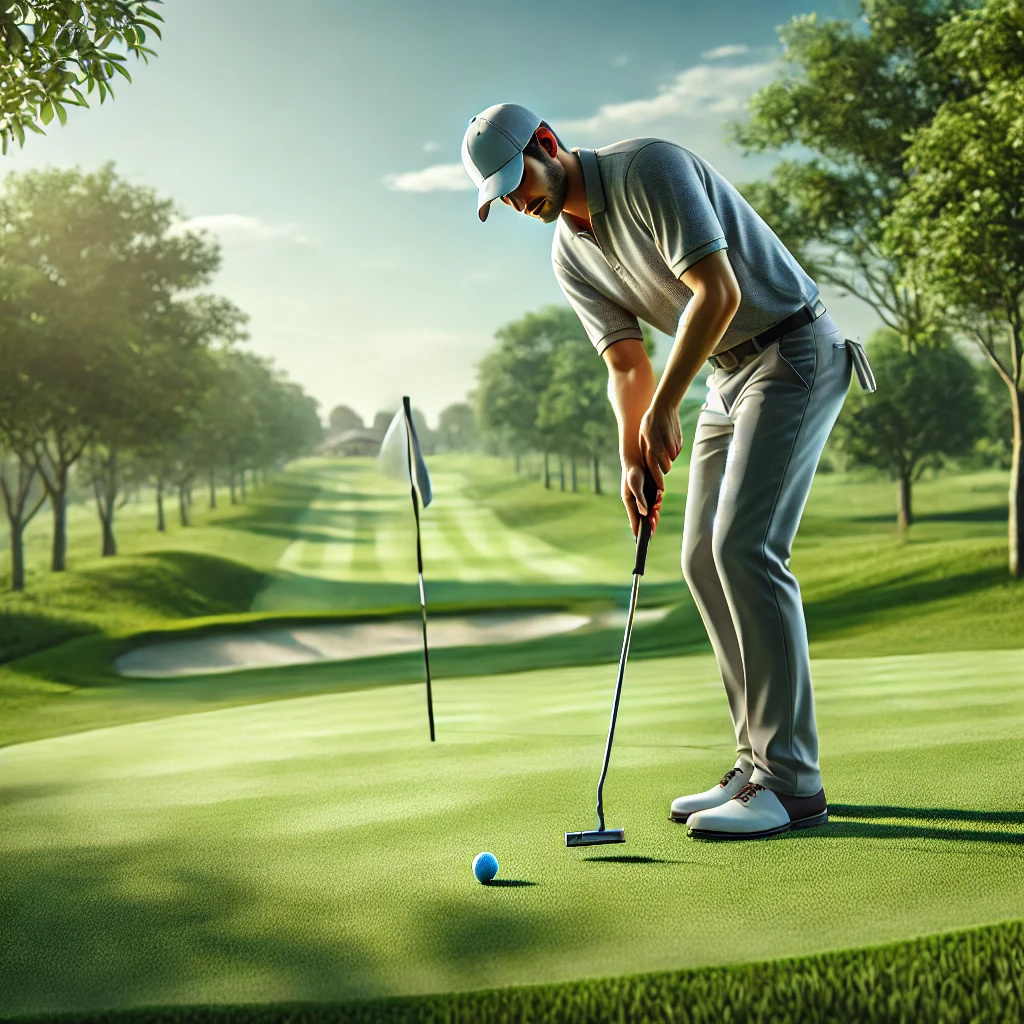 dall·e 2024 11 22 12.42.49 a realistic scene of a golfer performing a putting stroke on a well maintained green golf course. the golfer is dressed in modern golf attire, focused